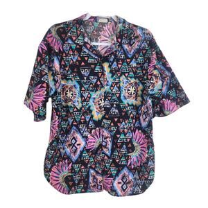 Vtg 80s Retro Southwestern Button Down Shirt Sz 12 Cotton Black Pink Aztec Neon